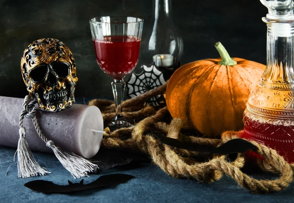 Themed event catering for a Halloween party in Los Angeles, featuring spooky decor and custom drinks.